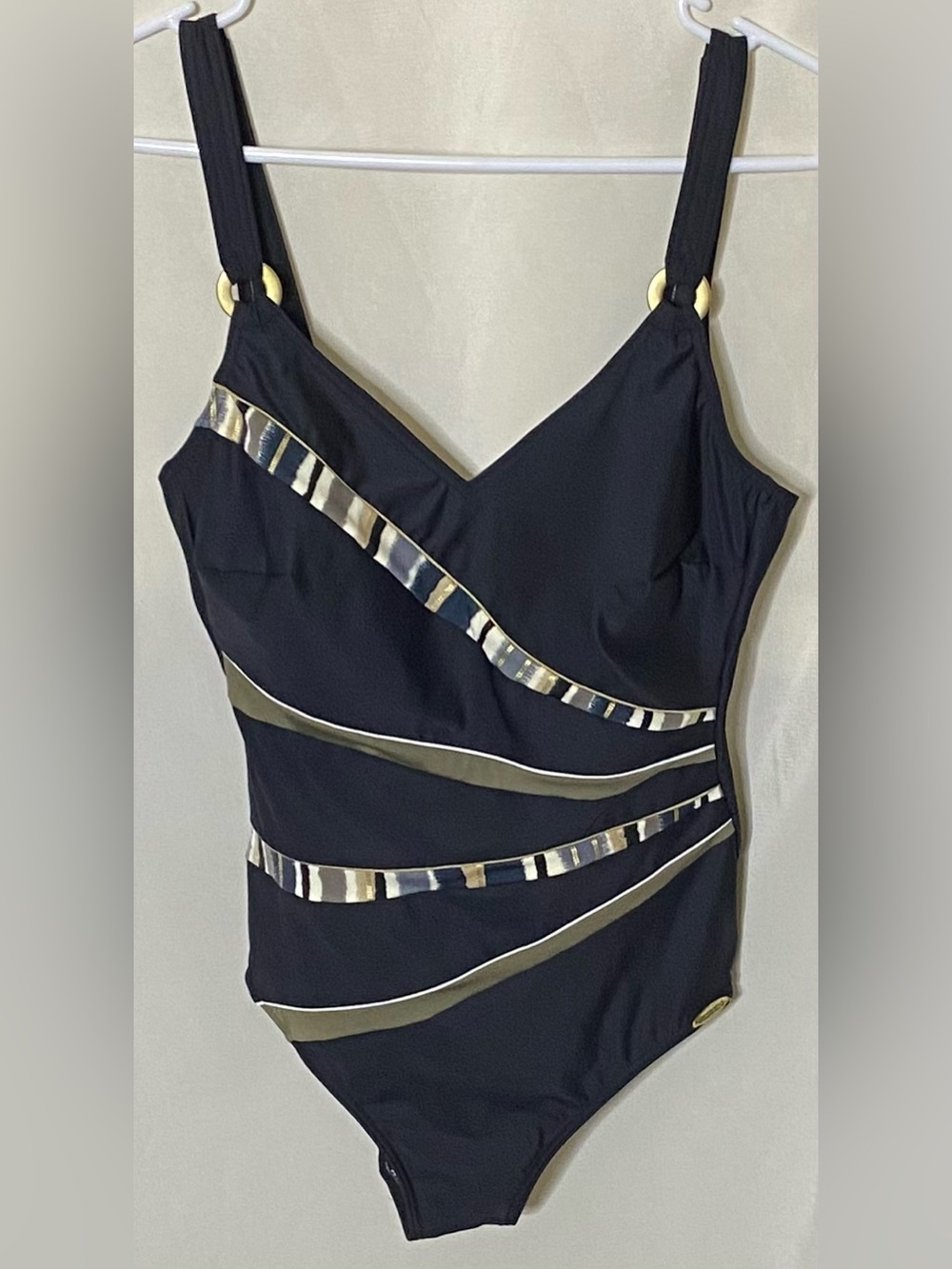 Sunflair One Piece Swimsuit Black Gold Ring V-Neck Multi Stripe w/ Tummy Control